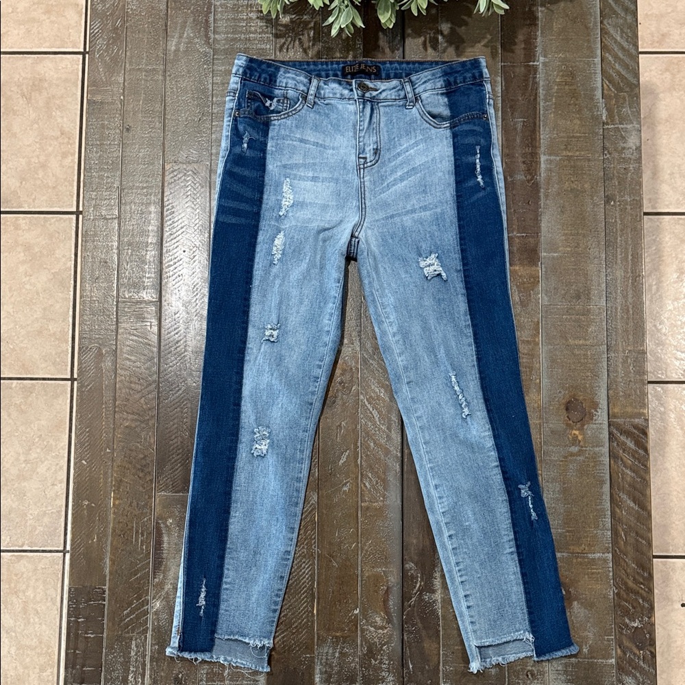 Elite Jeans Two Tone Side Stripe Distressed Raw Hem Skinny Jeans 9/10
